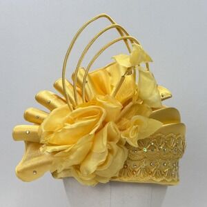 Ms Divine Hat Fascinator Yellow Beaded Embroidered Rhinestone Derby Church Party